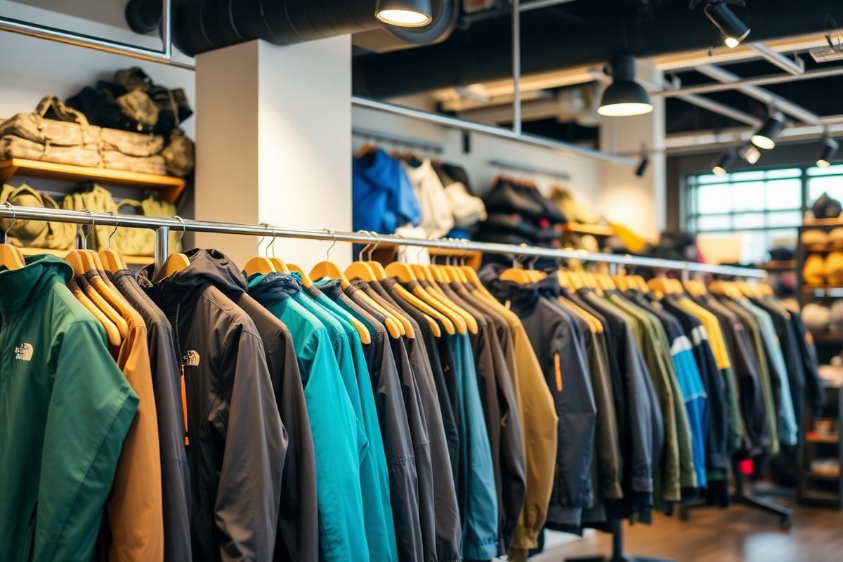 เสื้อแจ็คเก็ตกันน้ำและเสื้อผ้ากลางแจ้งแขวนบนราวในร้าน